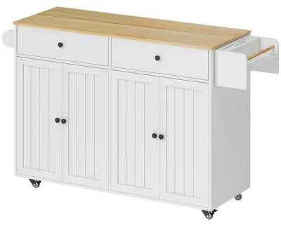 Obrázok produktu pre Kuchynský ostrov na kolieskach s zásuvkami a skrinkami | Farba: biela, hnedá | Rozmery: 43 x 147 x 89 cm