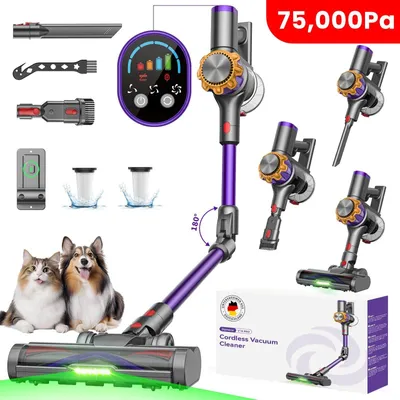 Produktbild von 75000Pa Akku staubsauger 600W/70Min.1,2L Staubbehälter,Ultraleiser Staubsauger Kabellos,65dB leise,OLED Display,H14-Filtersystem,handstaubsauger