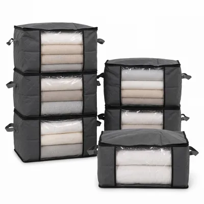 Produktbild von Aufbewahrungstasche faltbare Aufbewahrungsboxe mit Deckel Kleiderschrank Organizer mit Reißverschluss Griffe Kleidung 6er Set, 90L, 60 x 43 x 35 cm