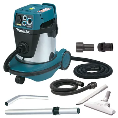 A Makita wet/dry vacuum cleaner and its accessories are displayed against a white background.