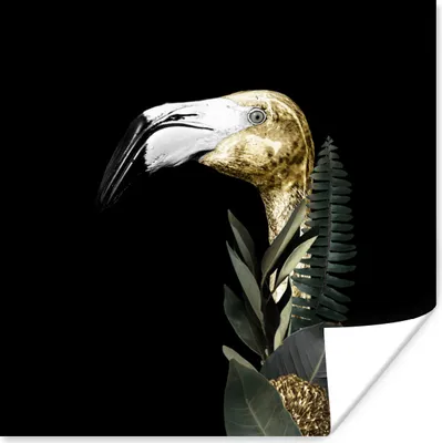 Produktbild von MuchoWow® Poster Flamingo - Gold - Blätter - Schwarz 75x75 cm - Wand Dekoration