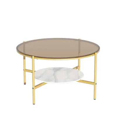 Zdjęcie produktu dla WISFOR okrągły stolik kawowy ze szkła hartowanego + marmur + metal, stolik do salonu szklany stolik sofy, z 2 półkami nowoczesny design, brązowy