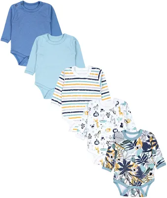 Produktbild von TupTam Jungen Baby Body Langarm Unifarben 5er Pack, Farbe: Koala Safari Streifen Mintgrün Orange Blau, Größe: 74