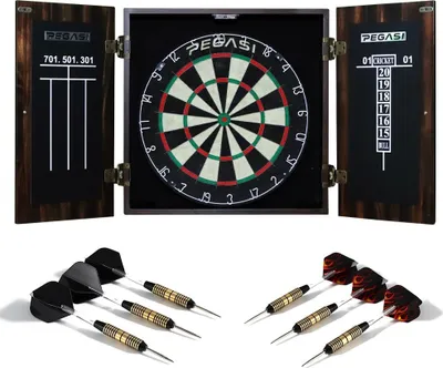 A Pegasi dartboard cabinet set with darts displayed.