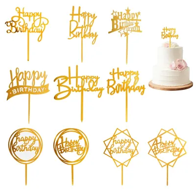 10er Set goldene Happy Birthday Tortenaufsätze für Kuchen & Cupcakes