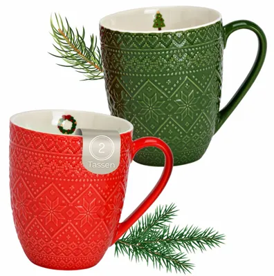 Produktbild von Kaffeetassen 2er Set in Rot & Grün mit Winter Design