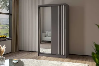 Produktbild von AGMAT Schwebetürenschrank Lugo, Kleiderschrank mit 2 Türen und Spiegel, Moderne Garderobe in Farbe: Graphit / Graphit, Schrank in Größe: 120 x 216 x 61 cm
