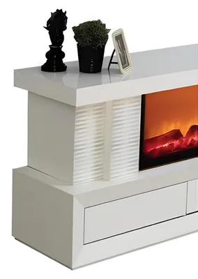 Image de Élégant meuble TV blanc avec cheminée, Bluetooth et tiroir