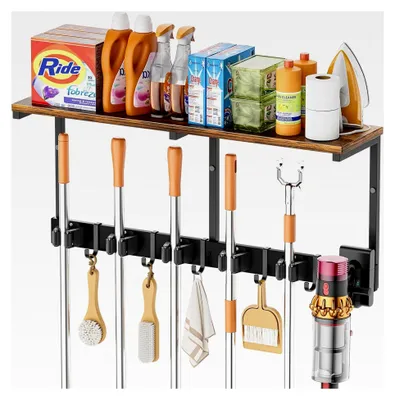 Produktbild von Wandbesenhalterung mit 6 Haltern und 4 Haken, Besenhalter mit Regal, Gerätehalter für die Wand, Gartengerätehalter für die Waschküche