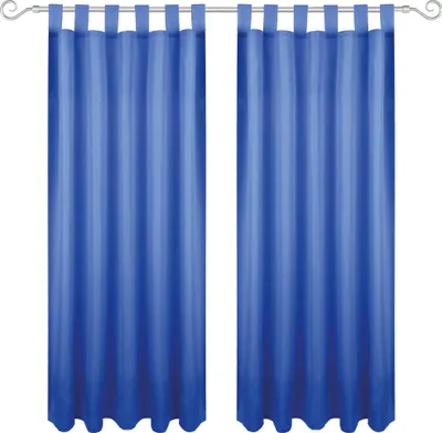 Two blue curtains hanging on a rod.