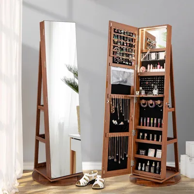 Immagine prodotto di Mobile porta gioielli girevole con specchio a figura intera, mobile da trucco indipendente con specchio interno e illuminazione a LED a 3 colori, mobile a specchio chiudibile a chiave