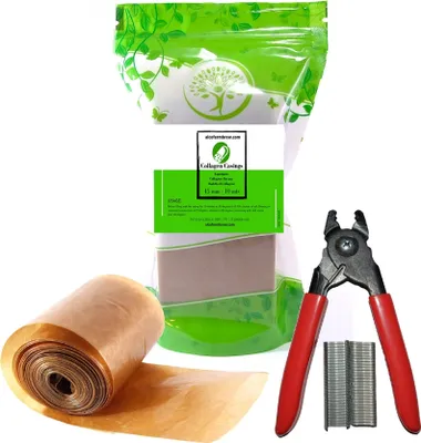 A product shot of sausage casings, a sausage clipper, and clips, with packaging in the background.