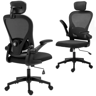 Zdjęcie produktu dla Ergonomiczne krzesło biurowe - krzesło do biurka - składane podłokietniki - regulowane podparcie lędźwiowe - zagłówek - regulacja wysokości - obicie siatkowe - kolor czarny