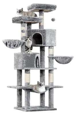 Produktbild von Katzenkratzbaum groß, 180 cm hoch mit Sisalstämmen, 2 Plattformen, 2 Katzenhöhlen, Korb, Hängematte, stabiler mehrstöckiger Kletterbaum für Katzen, Hellgrau