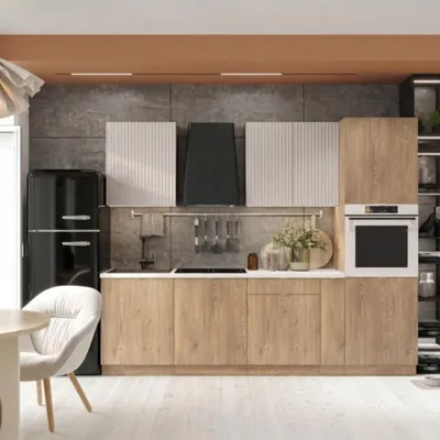 Produktbild von Küche 260 cm - Eiche Cremona und Beige Matt - Küchenmöbel - Ohne Elektro Geräten - Weiße Arbeitsplatte - mit Hängeschränke und Unterschränke - SOFIA