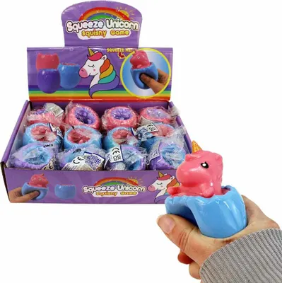 Produktbild von 12 Quetsch-Ei mit Einhorn aus Gummi im Display - ca. 6 cm