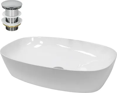 Produktbild von LuxeBath Waschbecken Aufsatzwaschbecken Oval, 60,5x38x14 cm, Weiß, aus Keramik, inkl. Ablaufgarnitur ohne Überlauf