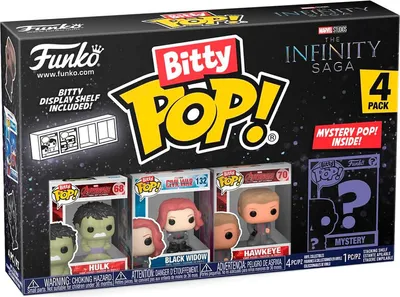 A product box for a Funko Bitty Pop! 4-pack featuring Marvel characters from The Infinity Saga.