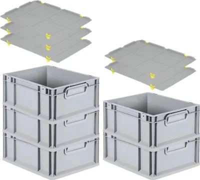 Produktbild von SparSet 5x Eurobox NextGen Economy mit Auflagedeckel und 4x Schiebeschnappverschlüsse Gelb | Griffe geschlossen | HxBxT 17x30x40cm | 16 Liter | Eurobehälter, Transportbox, Transportbehälter, Stapelbehälter