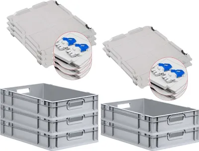 Produktbild von SuperSparSet 5x Eurobox NextGen Grip mit Scharnierdeckel und blauen Schiebeschnappverschlüssen | HxBxT 12x40x60cm | 23 Liter | Grau | Griffe offen | Glatter Boden | Eurobehälter, Transportbox, Transportbehälter, Stapelbehälter