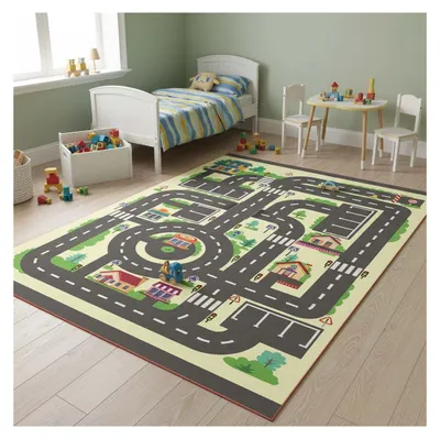 Produktbild von Melis Home Kinder- und Babyteppiche Gelb 120x160 cm Lernmatte für – Stadtplan und Straßen, Verkehrserziehung, waschbar, rutschfeste Unterseite