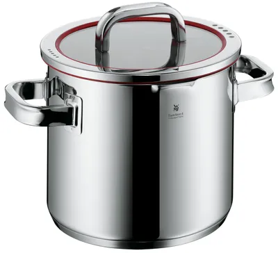 Produktbild von WMF Function 4 Gemüse- Suppentopf Induktion 20cm, Glasdeckel, Kochtopf groß 5,3l, Cromargan Edelstahl poliert, 4 Abgießfunktionen, Innenskalierung, rot