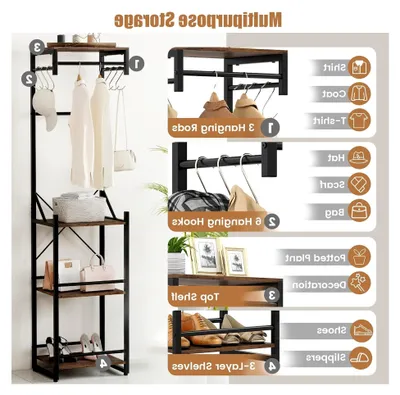 Produktbild von Metall-Garderobenständer, 4 in 1 Kleiderständer mit 3 Kleiderstangen, 6 Haken, Schuhregal und Ablagen, freistehende Eckgarderobe für Flur, Wohnzimmer und Schlafzimmer
