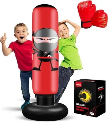 Produktbild von Famanu Aufblasbarer Boxsack für Kinder – Stehender Ninja Boxball mit Boxhandschuhen – Für Boxen, Karate, MMA & Taekwondo