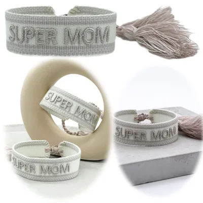 Produktbild von LS-LebenStil Canvas Statement Armband Super Mom Silber Grau besticktes Stoffarmband gewebt textiles Quasten Spruch Boho Geschenk Freundschaftsarmband