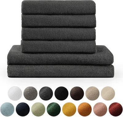 Produktbild von Blumtal Premium Frottier Handtücher Set mit Aufhängschlaufen - Baumwolle  , weich, saugstark - 2X Badetuch (70x140 cm), 2X Handtuch (50x100 cm), Anthrazit