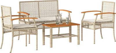 Produktbild von Design 4-tlg. Garten-Lounge-Set mit Kissen Beige Poly Rattan, Gartenmöbel-Sets 2024 Neu