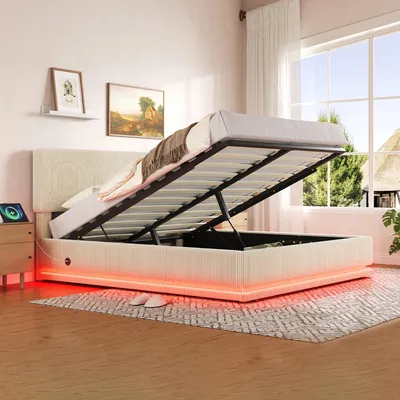 Zdjęcie produktu dla Łóżko tapicerowane z tkaniny sztruksowej 160x200 cm, kolor beżowy, z oświetleniem LED i funkcją ładowania USB-C, łóżko podwójne z schowkiem i stelażem, z regulowanym zagłówkiem, bez materaca