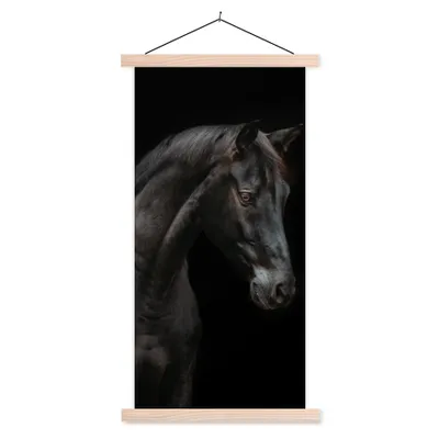 Produktbild von MuchoWow® Textilposter Pferd - Tier - Schwarz 60x120 cm mit holzfarbenen Rahmen - Holz