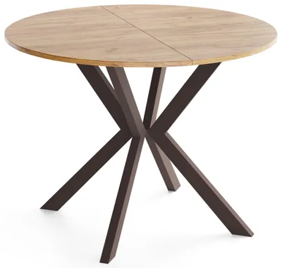 Produktbild von Runder Ausziehtisch Esstisch Ausziehbar mit Braunem Metallgestell – Valio, 100 cm Rund auf 140 cm Erweiterbar – Industrial-Loft-Design, Braune Metallbeine, Eiche Braun,  EU