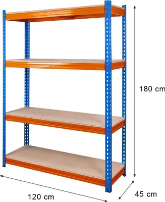 Zdjęcie produktu dla Regał magazynowy metalowy garażowy Mega-M Pro Max 180x120x45 cm 4 półki niebieski/pomarańczowy 2 kartony 2000kg
