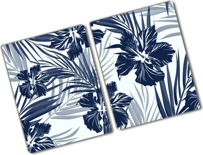 Produktbild von Tulup Glas Herdabdeckplatte - 2x40x52 cm - Glaskeramikkochfeld-Abdeckung Spritzschutz Glasabdeckplatte Kochplattenabdeckung und Schneidebrett - Zweiteilig - Blumen & Pflanzen - Tropische Blumen - Blau