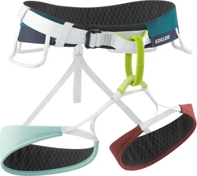 Moe 3R Sportklettergurt von Edelrid; in Blau; Grün und Rot; mit verstellbaren Beinschlaufen und breitem Hüftgurt.