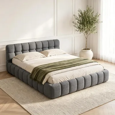 Image de Lit double 140x190 cm gris en lin – Lit capitonné Bubble avec sommier