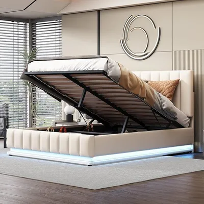 Produktbild von Polsterbett 140x200 mit LED-Beleuchtung, Metalllattenrost & Bettkasten, Doppelbett mit Verstellbares Polsterkopfteil, Stauraumbett Erwachsenen Jugendbett, Kunstleder (Weiß 1, 140 x 200cm)