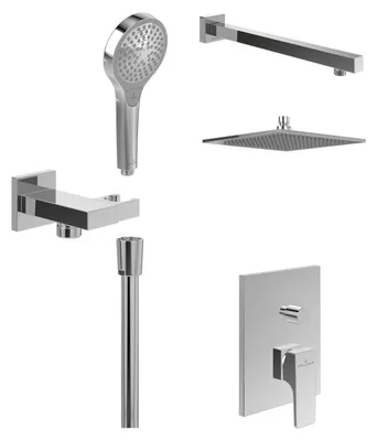 Zdjęcie produktu dla System prysznicowy Villeroy & Boch Taro, wyposażony w uchwyt na słuchawkę prysznicową, słuchawkę prysznicową oraz baterię jednouchwytową montowaną w ścianie