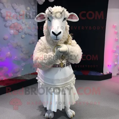 Produktbild von Silbernes REDBROKOLY Suffolk-Schaf Maskottchen kostüm gekleidet in ein Hochzeitskleid und Armbänder