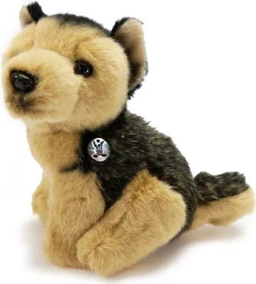 A plush toy dog sitting on a white background.