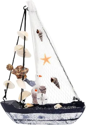 Imagen del producto de Modelo de barco de vela de madera, 19,5 x 3 x 15 cm, con red de pesca y concha, decoración náutica