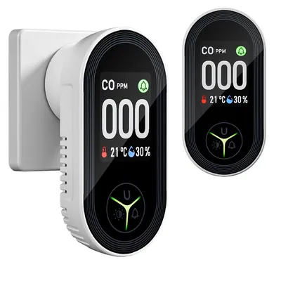 Produktbild von 2er Pack 3-in-1-CO-Melder, (CO, Temperatur & Luftfeuchtigkeit), Steckdosenmontage, mit HD-Display,4-farbigen Warnleuchten, Helligkeitsregelung