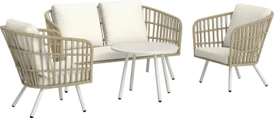 Produktbild von Outsunny Gartenmöbel Set aus Polyrattan Lounge-Set mit 2er Sofa Sessel Tisch Kissen wetterfest Sitzgruppe für Garten Balkon Terrasse Khaki