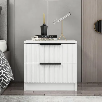 Immagine prodotto di Comodino Kale bianco effetto cannettato due cassetti 50x40x47H