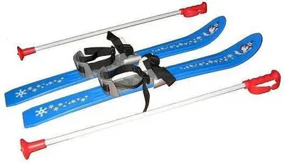 A pair of children's skis and poles on a white background.