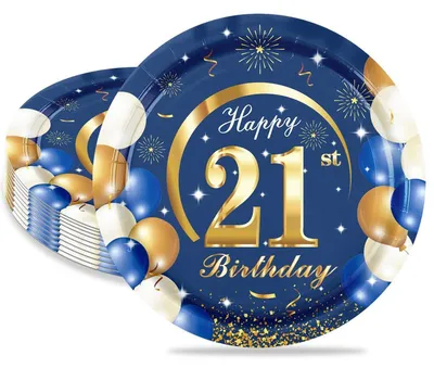 Immagine prodotto di Piatti di carta per il 21° compleanno, 16 pezzi, blu e oro, 18 cm, decorazioni per feste