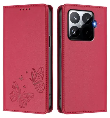 Image de Étui en cuir pour Xiaomi 15T Pro, motif papillon, étui portefeuille à rabat avec support, rouge