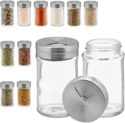 Productafbeelding van Kruidenpotjes - Set van 12 - Strooigaatjes in 3 groottes - Leeg - 90 ml - Kruidenstrooiers glas - Zilver - Transparant